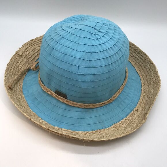 Sun 'n' Sand Headwear Women's OSFM Packable Teal Blue Textile & Straw Beach Hat - Picture 2 of 8